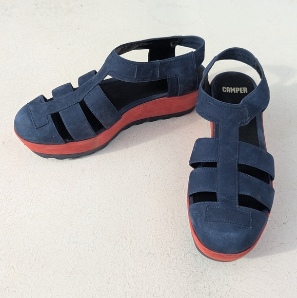 Camper | Laika Red Blue Nubuck Leather Platform Sandals Size EU 38 | US 7.5 - Picture 4 of 15